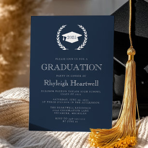 2025 Navy Blue White Laurel Wreath Cap Grad Party Einladung