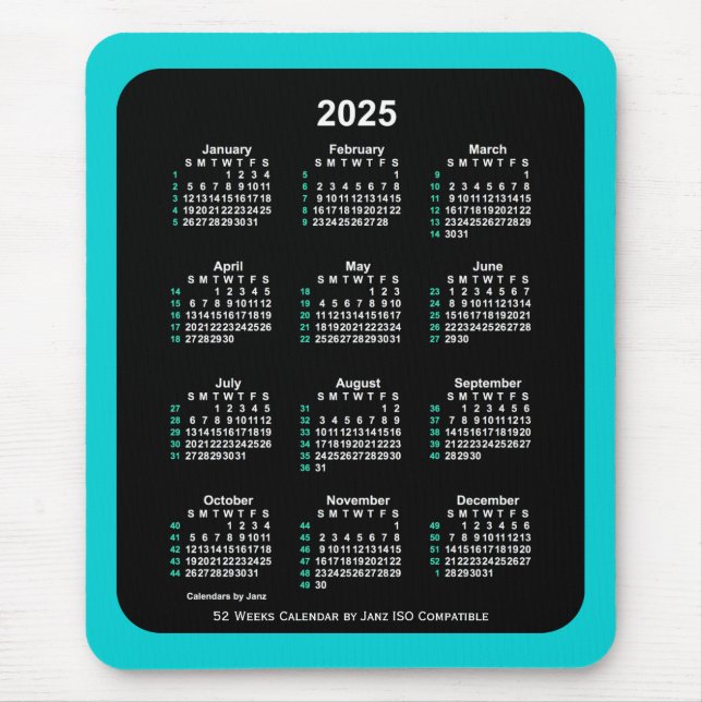 2025 Neon 52 Weeks ISO Kalender von Janz Two Tone Mousepad (Vorne)