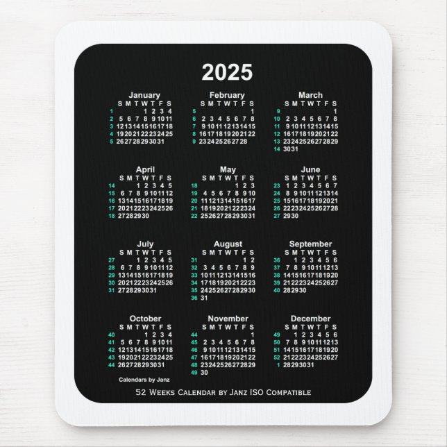 2025 Neon 52 Weeks ISO Kalender von Janz Two Tone Mousepad (Vorne)