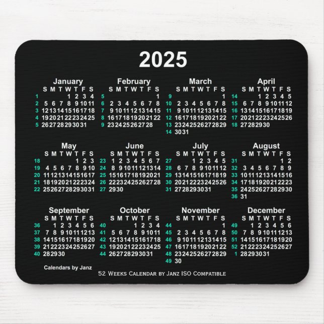 2025 Neon White 52 Weeks ISO Calendar by Janz Mousepad (Vorne)
