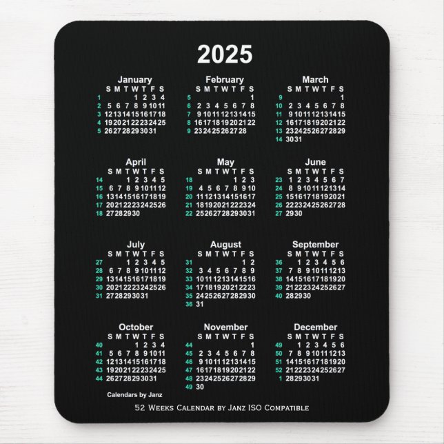 2025 Neon White 52 Weeks ISO Calendar by Janz Mousepad (Vorne)