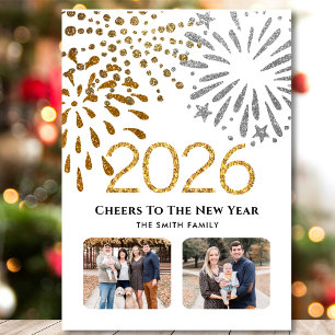 2025 Neues Jahr Feuerwerk Gold-Familie Foto Feiertagskarte