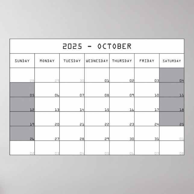 2025 Oktober Planer Kalender große Notizen Raum Poster (Vorne)
