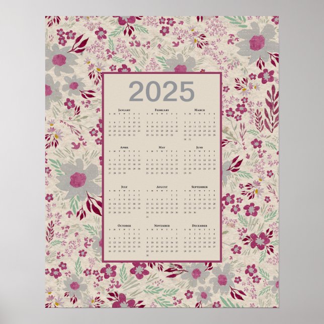 2025 Pink Gray Floral Muster Kalender Poster (Vorne)