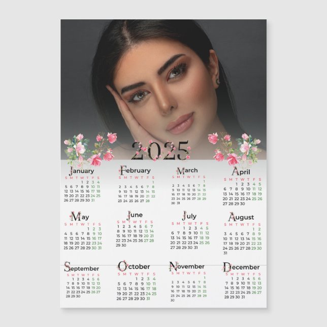 2025 Rosa Blumenkalender Benutzerdefiniertes Foto Magnetkarte (Vorderseite)