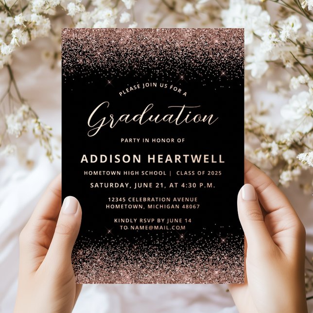 2025 Rose Gold Glitzer Black Graduation Party Folieneinladung (Von Creator hochgeladen)