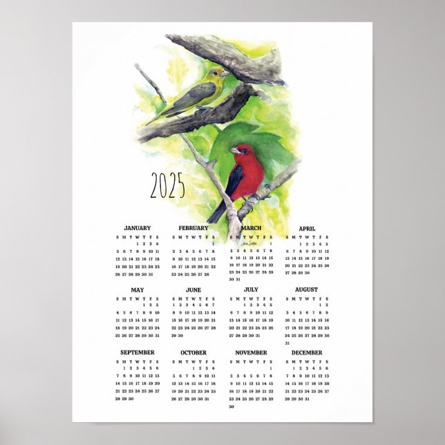 2025 Scarlet Tanager Couple Poster Calendar (Vorne)