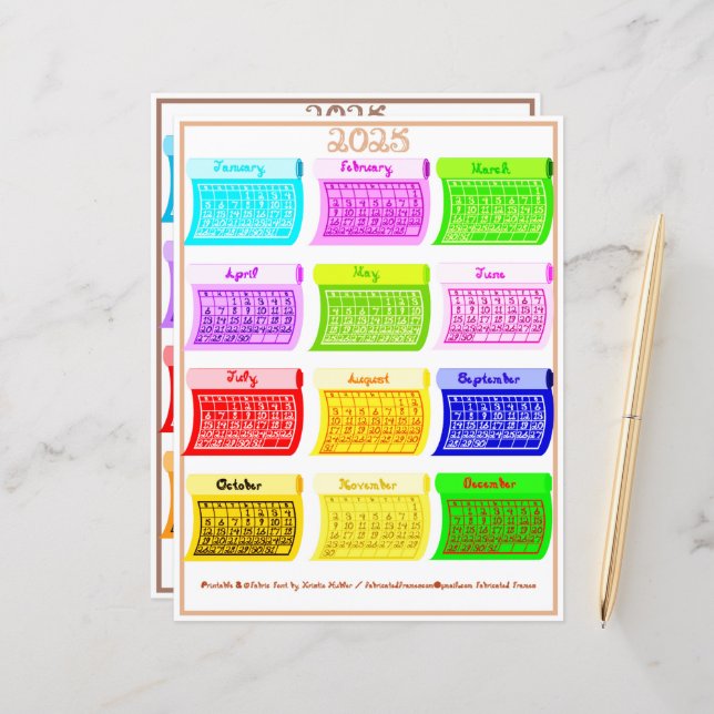 2025 Schriftart Bolzengewebe 12 Farbmonate (Vorderseite/Rückseite Beispiel)