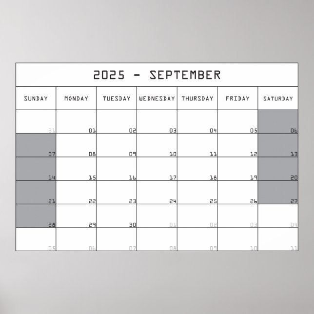 2025 September Planer Kalender große Notizen Raum Poster (Vorne)