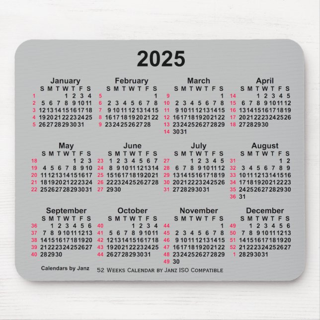2025 Silver 52 Weeks ISO Calendar by Janz Mousepad (Vorne)