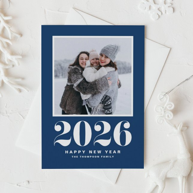 2025 Typografie Navy Blue Happy New Year Foto (Celebrate the start of 2026 with a stylish retro flair using this navy blue New Year photo card.)