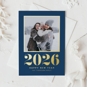 2025 Typografie Navy Blue Happy New Year Foto Folien Feiertagspostkarte