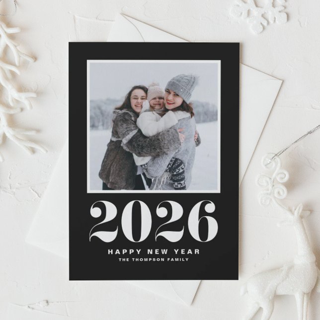 2025 Typografie Schwarzes Glück Neues Jahr Foto (Ring in 2026 with a stylish retro flair using this black and white Happy New Year photo card.)