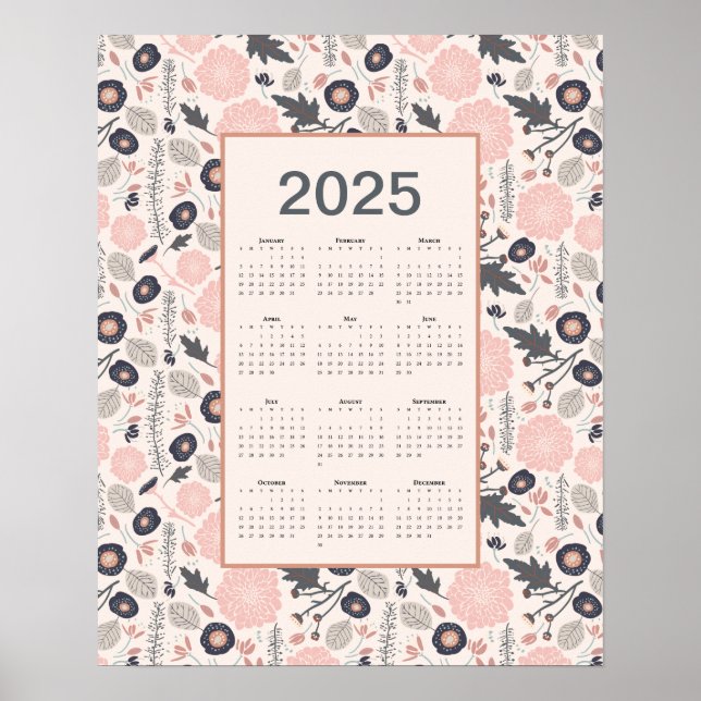2025 Volljähriger Kalender Rosa Grau Botanisch Poster (Vorne)