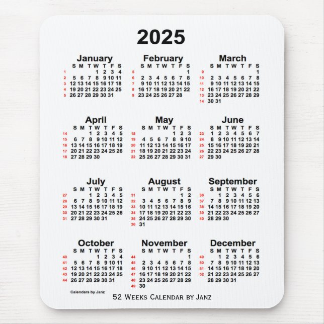 2025 White 52 Week Calendar by Janz Mousepad (Vorne)