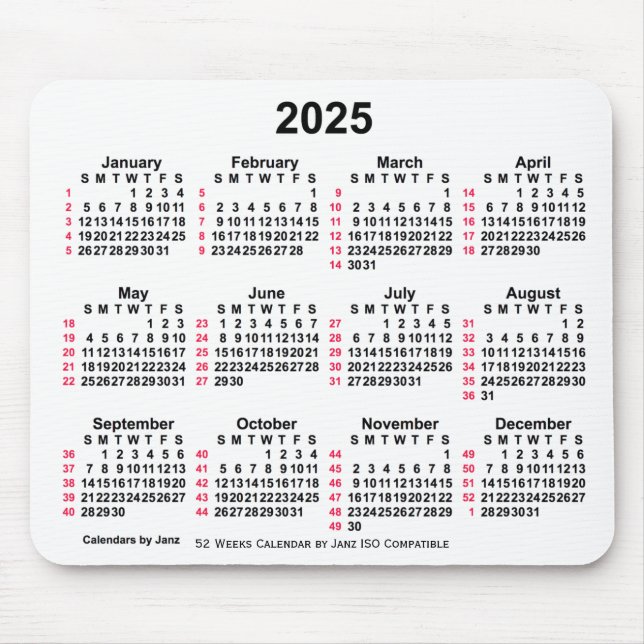 2025 White 52 Weeks ISO Calendar by Janz Mouse Pad Mousepad (Vorne)