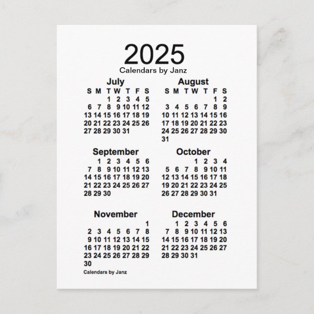 2025 White 6 Month Mini Kalender von Janz Postkarte (Vorderseite)