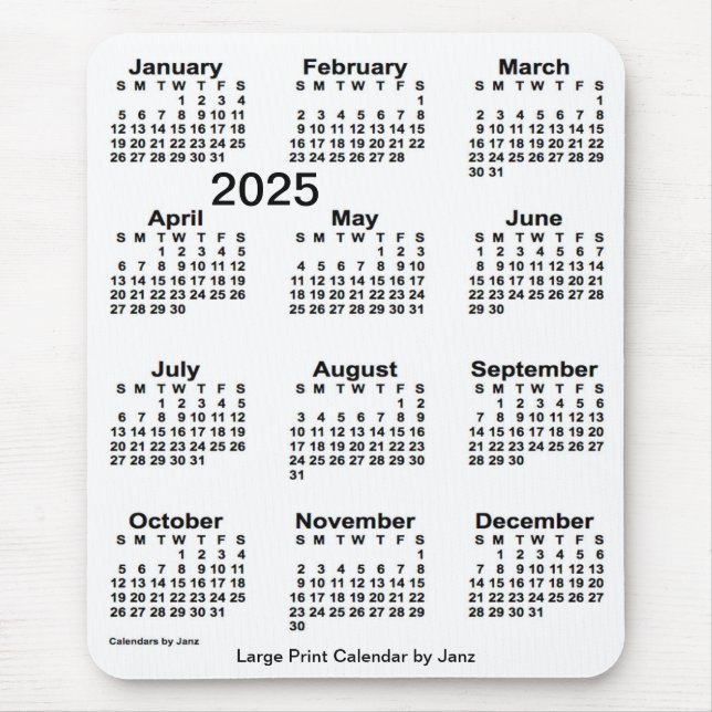 2025 White Large Print Calendar von Janz Mousepad (Vorne)