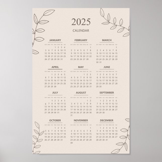 2025 Yearly Calendar Floral Line Art Minimalistisc Poster (Vorne)