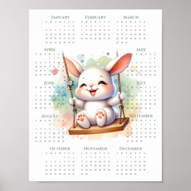2026 1-Seiten-Kalender Süßer Hase auf Schaukel Whi Poster (Vorne)