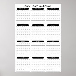 2026 - 2027 Akademisches Jahr Wandplaner-Kalender Poster