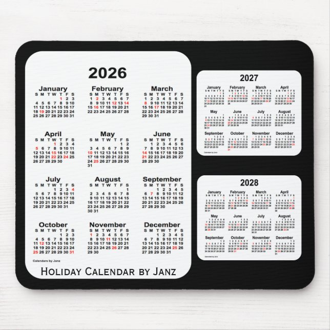 2026-2028 Schwarzer 3-Jahres-Feiertagskalender von Mousepad (Vorne)