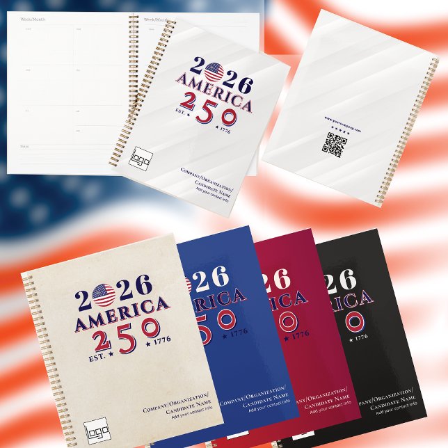 2026 America 250 Blaues Gedenk-Logo & QR-Code Planer (AMERICA 250 - Celebrate 250 Years of American History w/Customizable Patriotic Office keepsake Gifts)