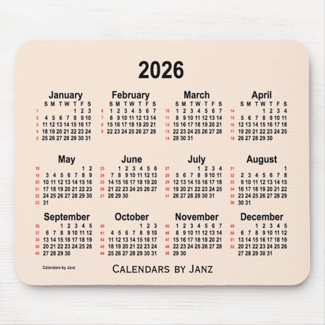 2026 Antique White 52 Weeks Calendar von Janz Mousepad (Vorne)