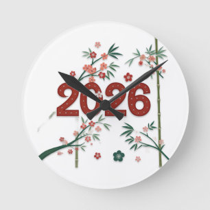 2026 Bambuszahlen mit Kirschblüten Runde Wanduhr