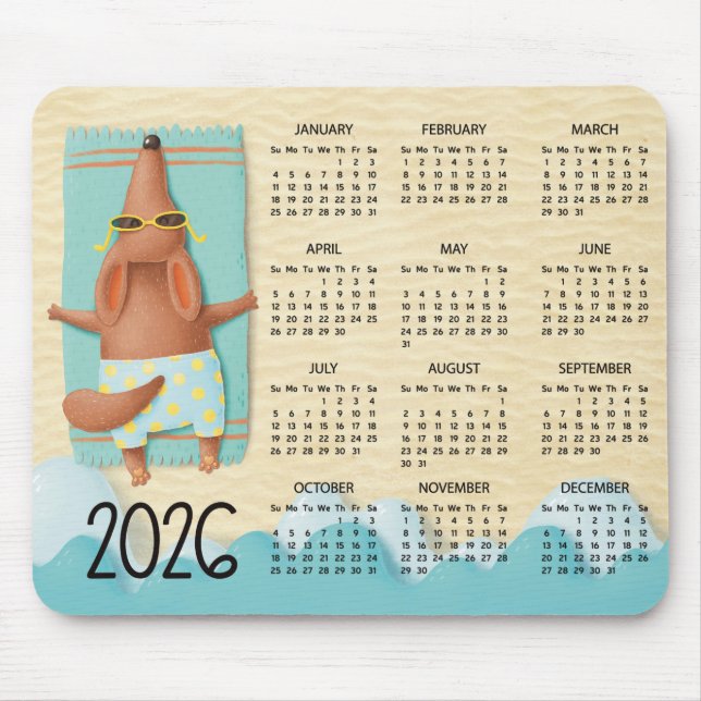 2026 Beach Dog Desk Kalender Mauspad (Vorne)