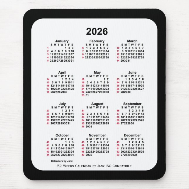 2026 Black 52 Weeks ISO Kalender von Janz Two Tone Mousepad (Vorne)