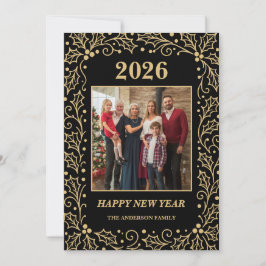2026 Black & Antique-Gold Family New Year Photo Feiertagskarte