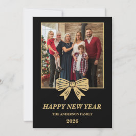 2026 Black & Gold Bow Family New Year Photo Feiertagskarte