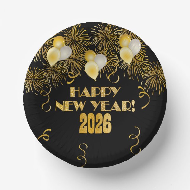 2026 Black Gold Glitter New Year's Eve Party  Pappteller (Vorderseite)