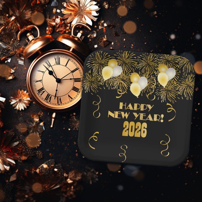2026 Black Gold Glitter New Year's Eve Party Pappteller (Von Creator hochgeladen)