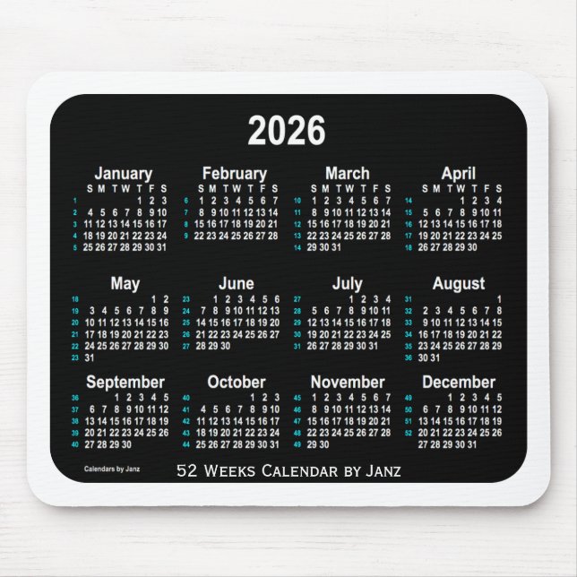 2026 Black Neon 52 Weeks Calendar von Janz Mousepad (Vorne)