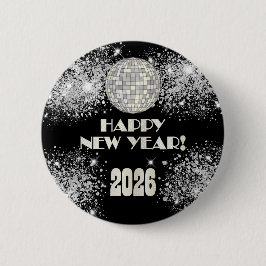 2026 Black Silver Glitter New Year's Eve Party Button