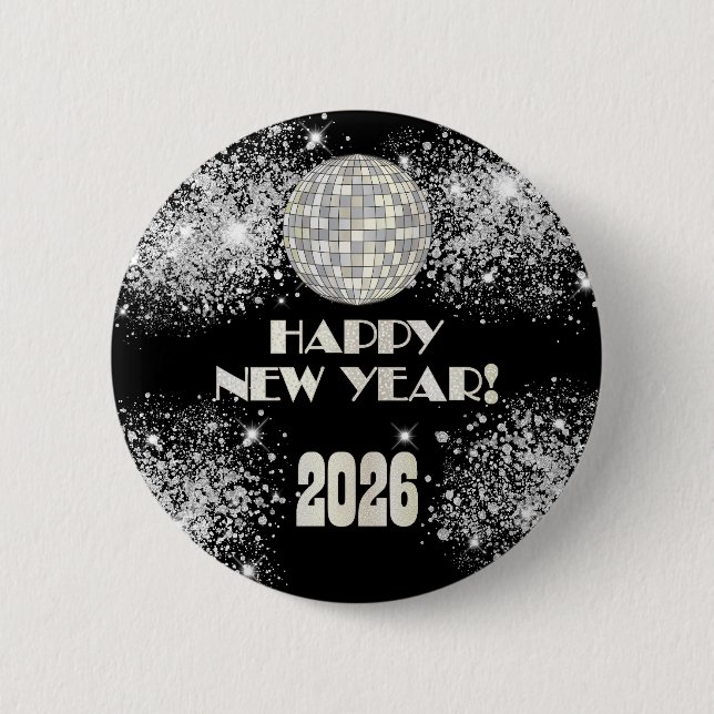 2026 Black Silver Glitter New Year's Eve Party  Button (Vorderseite)