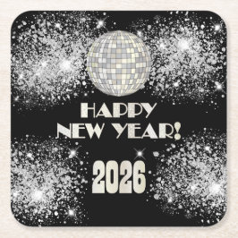 2026 Black Silver Glitter New Year's Eve Party Rechteckiger Pappuntersetzer