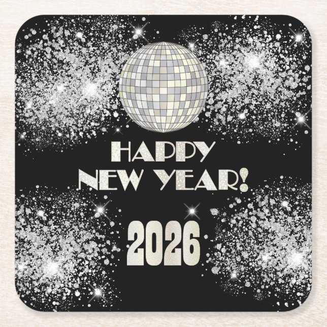 2026 Black Silver Glitter New Year's Eve Party  Rechteckiger Pappuntersetzer (Vorderseite)