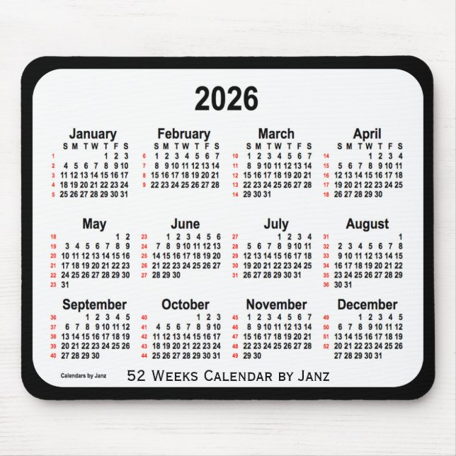 2026 Black Two Tone 52 Weeks Calendar von Janz Mousepad (Vorne)
