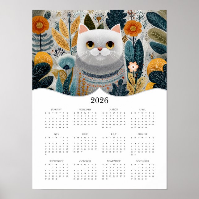 2026 Boho Abstrakt Cat Art Full Year Calendar Poster (Vorne)