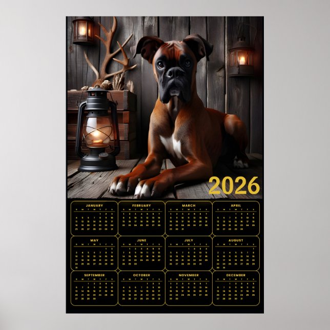 2026 Boxer Dog Calendar – Rustic Cabin Portrait Poster (Vorne)