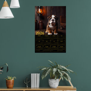 2026 Bulldog-Welpe mit Laternen-Kalender Poster