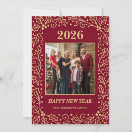 2026 Burgundy & Antique-Gold Family New Year Photo Feiertagskarte