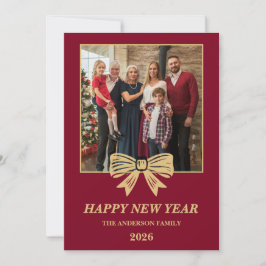 2026 Burgundy & Gold Bow Family New Year Photo Feiertagskarte