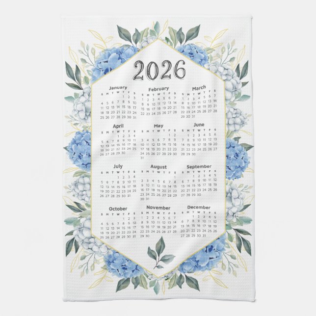 2026 Calendar Aquarell Blauer Botanischer Garten Geschirrtuch (Vertikal)