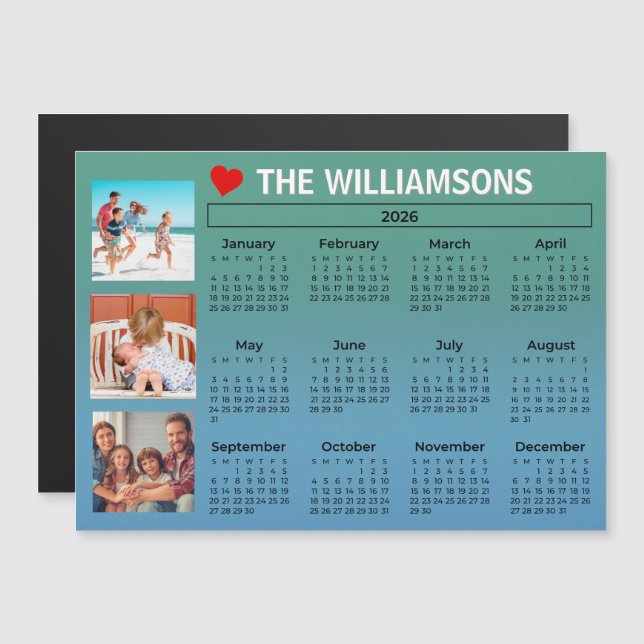 2026 Calendar Blue Green Photo Collage Magnet (Vorne/Hinten)