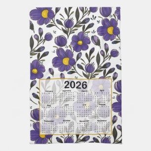 2026 Calendar Blue Violet Blume mit Blätter Geschirrtuch