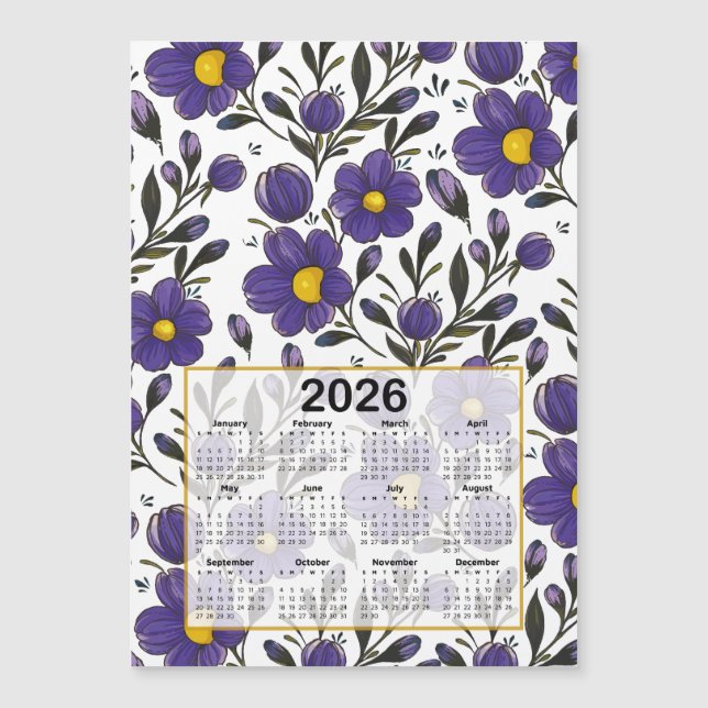 2026 Calendar Blue Violet Blume mit Blätter Magnetkarte (Vorderseite)
